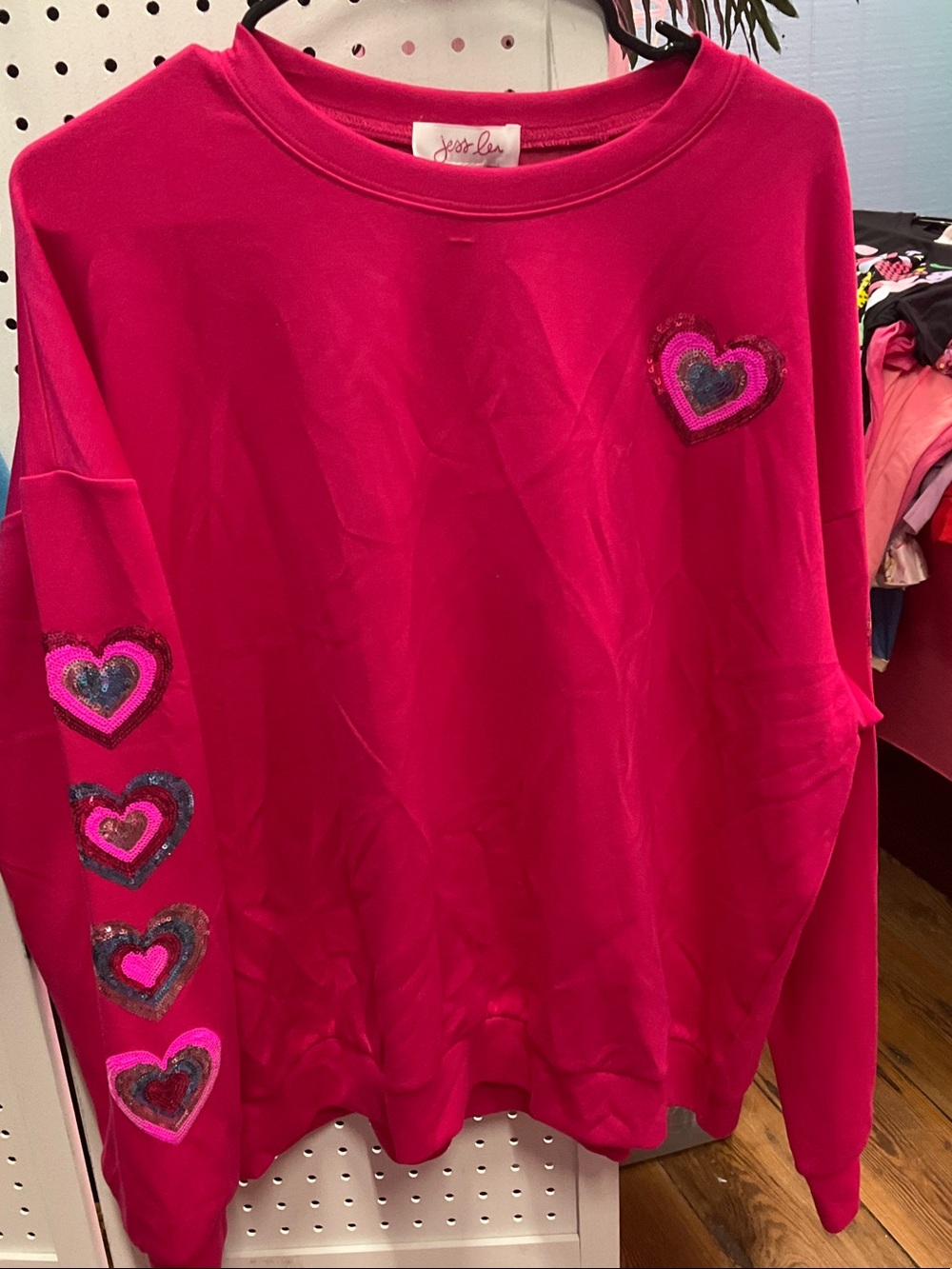 Hot Pink Heart-Sequin Crewneck Sweater